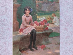 Régi képeslap 1925 művészeti levelezőlap lányok virágok
