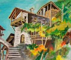 Demmel L.: Ház a hegyoldalban, 1985 - olaj-vászon festmény