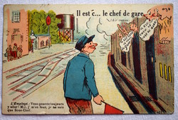 Antik francia grafikus humor képeslap  vasút vonatállomás