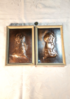 2 pcs copper plate embossed wall picture praying little girl and boy g 99/2