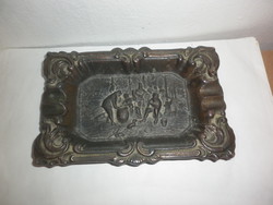 Old small ornate bronze metal serving bowl with figurines