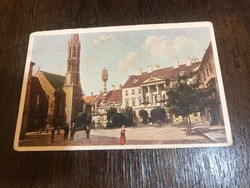 Sopron Ferenc józsef tér and castle district, 1930s. Written, colorful postcard with 2 crown stamps.