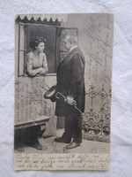 Antik, szecessziós, hosszúcímzéses romantikus képeslap elegáns hölgy az ablakban, úr, 1903