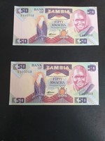 1986 50 kwacha zambia unc serial number pair
