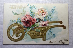 Antik dombornyomott francia üdvözlő képeslap  rózsa talicskában
