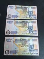 2010-es 100Kwacha Zambia UNC 3 db sorszámkövető pár