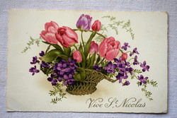 Régi üdvözlő  képeslap  tulipán ibolya csokor arany kosárban  litho