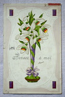 Antik szecessziós dombornyomott francia üdvözlő képeslap hóvirág