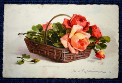 Antik  Catharina Klein  üdvözlő  képeslap rózsa