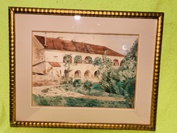 View of a large watercolor-painted building and park made by Klara Boemm in 1912