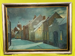 Large modern oil canvas painting painted in 1920-40s, beautiful sunrise street view