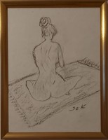 "Női akt" szénrajz akvarell papíron, aranyszínű fakerettel,  40x30, szignózott