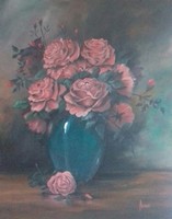Vörös rózsák kék vázában című festmény - Csendélet
