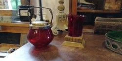 Art Nouveau glass and copper vase and sugar bowl, serving, early 20th century