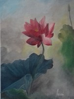 Red lotus in the morning mist painting - still life, flower