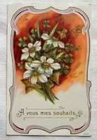 Antik dombornyomott francia üdvözlő képeslap nárcisz lóhere