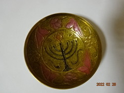 Réz tálka, izraeli, zsidó jelképekkel, átmérője 7,5 cm. Kézzel festett. Vanneki! Jókai.