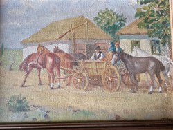 Ladányi jelzéssel magyar életkép tanyasi életkép család lovaskocsin  lovakkal a hazelott