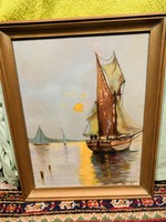 Sunset, boat view, oil on canvas painting, showy work with very nice colors