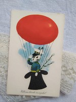 Old graphic easter postcard fine art label bunny egg balloon 1960s