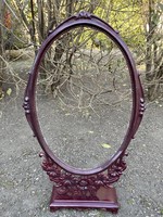 Art Nouveau hand carved oval wood mirror or photo picture frame, marked Chinese or Japanese China 20th