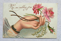 Antik szecessziós dombornyomott  üdvözlő képeslap virágot tartó kéz