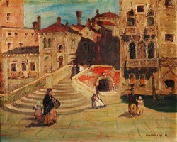 Károly Andor (1894): Velencei városrészlet emberekkel - olaj-vászon festmény, keretezve
