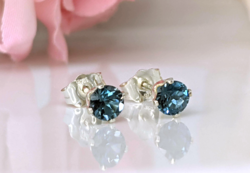 Blue london topaz earrings 925 silver studs, gemstone jewelry in gift box, mineral earrings