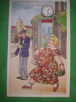 Antik 1920-30. Kaszás Jámbor humoros képeslap : Találka a szép ismeretlennel.képek szerint Karinger