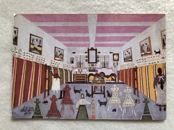 Régi postatiszta képeslap - Süli András: Sógornőm szobája reggel takarítás közben, cicákkal