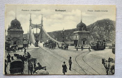 Antik Budapest képeslap Ferencz József-hid Gellért hegyre panoráma villamos