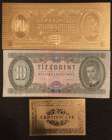 Certifikációval, aranyozott 10 forint bankjegy, replika, és a modellje