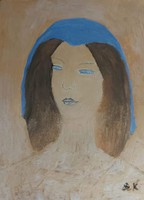 "Női arc" vegyes technika, mérete 40x30 cm, akvarell papír, barna fakerettel, szignózott