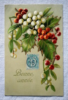 Antique embossed New Year greeting postcard with holly mistletoe