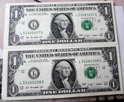 USA bankjegy 1 Dollár Zöld  pecsét 2 db sorszámkövető T1