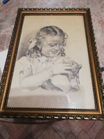 Kislány cicával 1946 orosz ceruzarajz szignós
