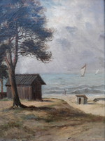 Waterfront landscape with sailboats, unknown old oil canvas