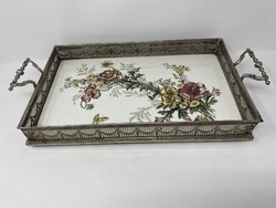 Antique custom porcelain tray with metal frame and romantic pattern - cz