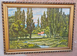 Guzsik J : Erdészház , 71x51 Olaj - farost festmény