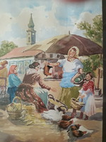 Cheerful village market - unknown watercolor