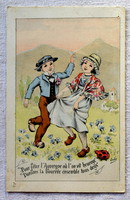 Régi  grafikus  üdvözlő képeslap  táncoló gyerekek  katica