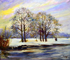 István Élesdy (1912 - 1987) winter landscape with walking figures