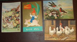 4 régi képeslap vörösbegy, kakas, malac, csirke grafikai