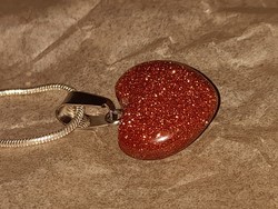 Brown sunstone heart mineral pendant on silver plated snake chain