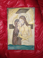 Ikon, valódi festmény fára festve, Jézus és Szűz Mária tempera kép