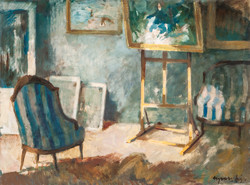 An oil canvas painting by Lajos Ujváry in a studio