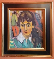 Miklós Németh(1934-2012): girl with pigtails. Signed oil painting. One of the giants of the 20th century!