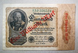 Németország 1000 Márka 1 millió Márka felülnyomással 1922 VF+