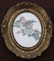 Antique gilded oval blondel frame with birds cross stitched tapestry