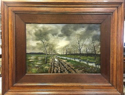 Landscape with a stream, in a wide solid wooden frame, with frame: 74 x 94 cm, oil on canvas